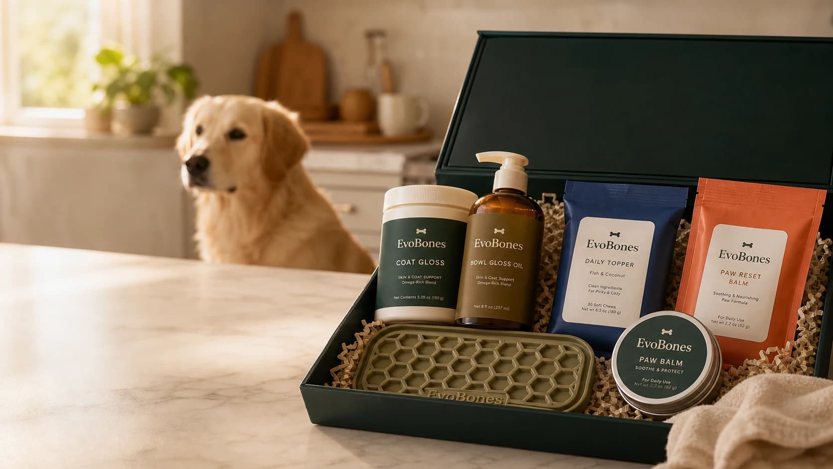 EvoBones dog care products arranged beside a kitchen cabinet and leash