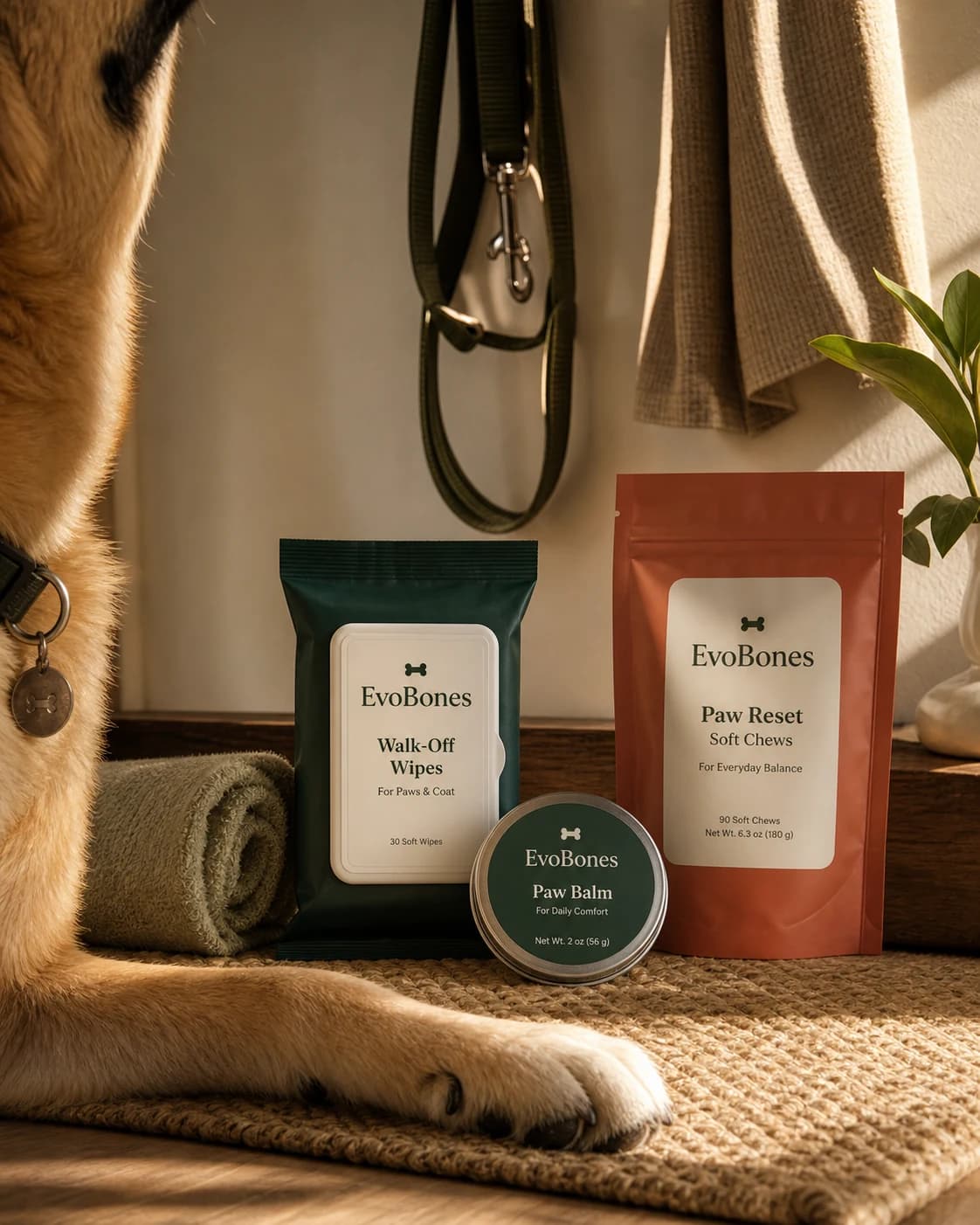 EvoBones paw-care goods staged by a doorway after a walk